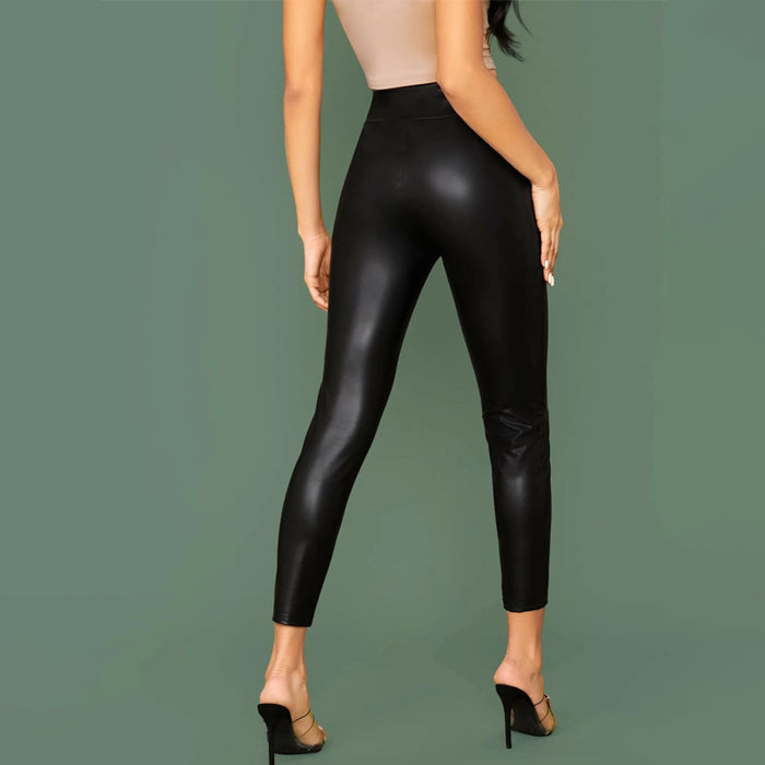 Elastic Waist Seam Front Leather Look Pants