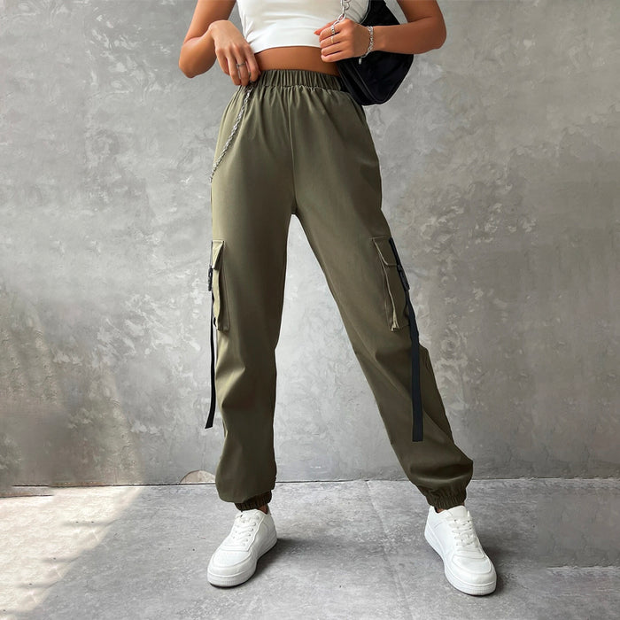 Flap Pocket Buckle Tape Cargo Pants With Chain