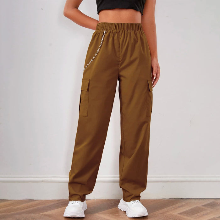 Elastic Waist Cargo Pants With Chain