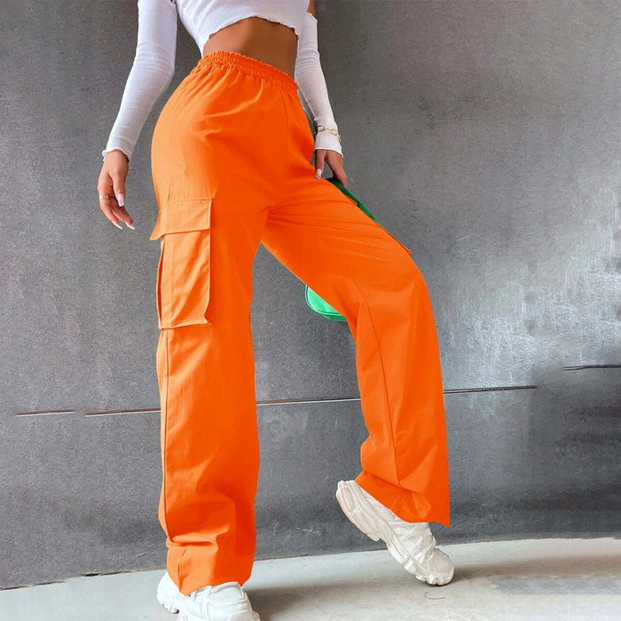 Solid High Waist Flap Pocket Cargo Pants