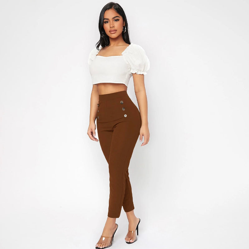 High Waist Double Button Skinny Cropped Pants