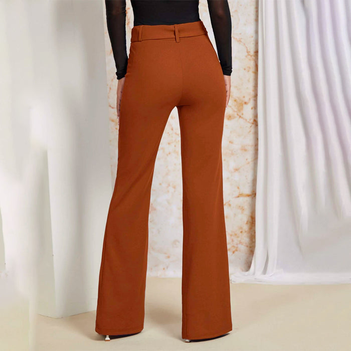 Plain Solid Flare Leg Belted Pants