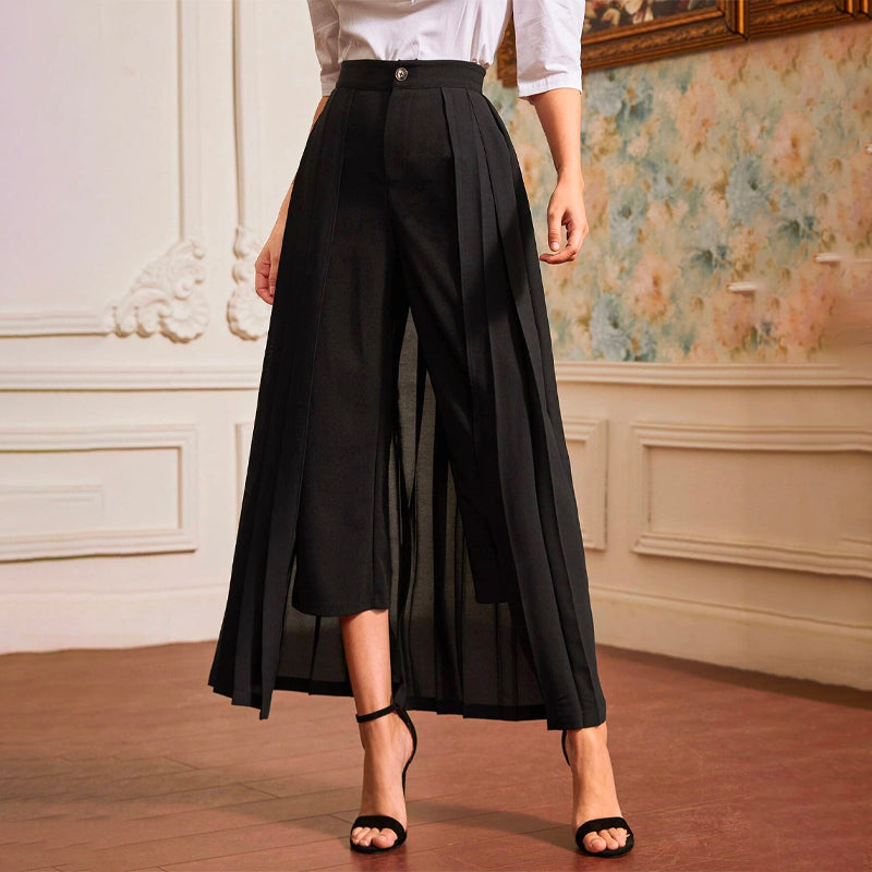 High Waist Solid Cropped Pants With Pleated Skirt