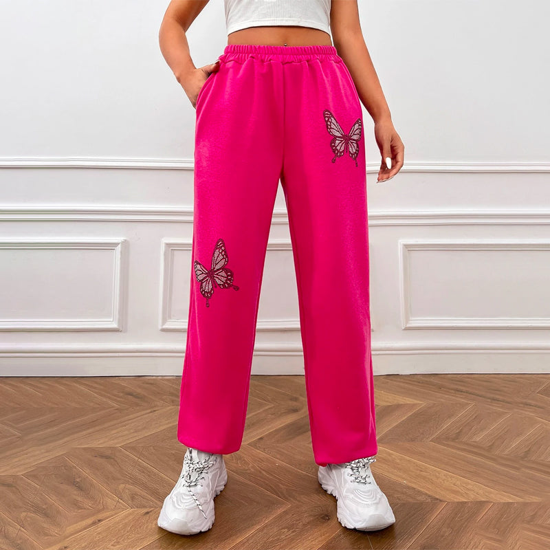 Butterfly Print Natural Elastic Waist Sweatpants