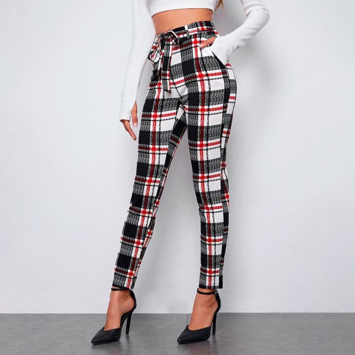 Checked Self Belted Plaid Skinny Pants