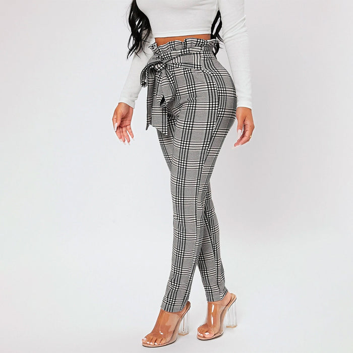 Plaid Print Petite Waist Knot Front Pants