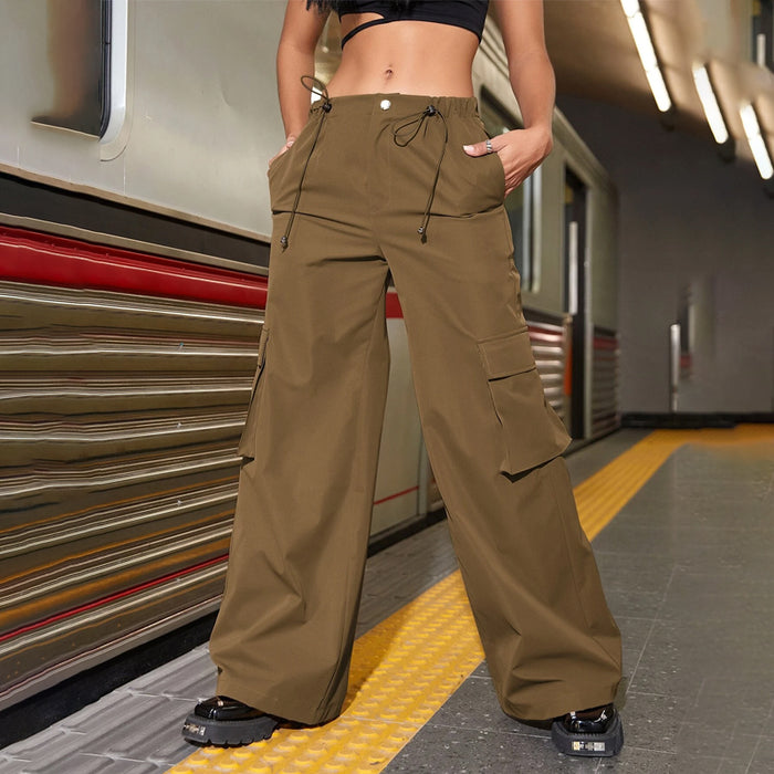 Street Drawstring Waist Flap Pockets Wide Leg Parachute Cargo Pants