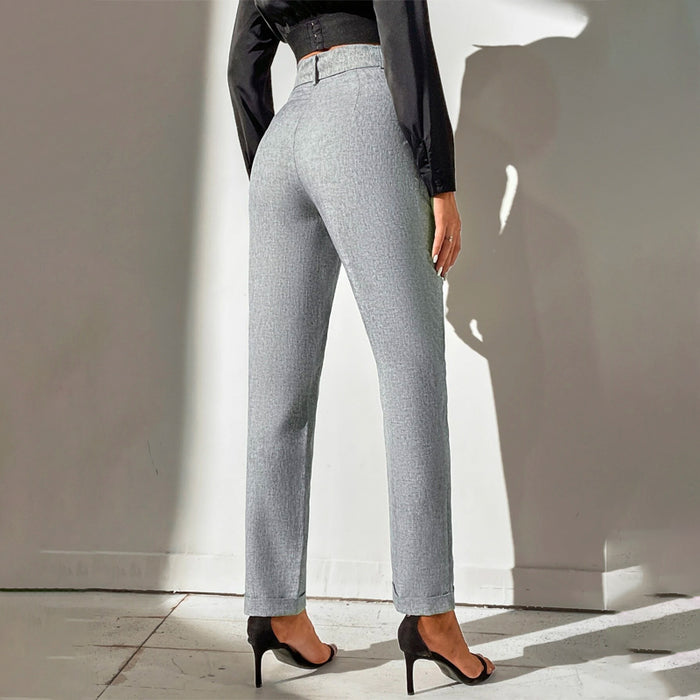 Solid Straight Leg Casual Belted Pants