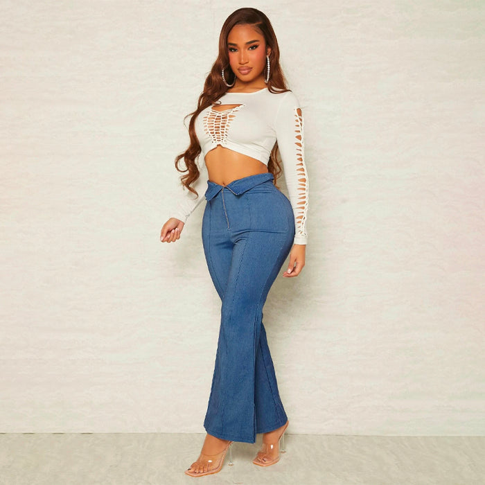 Zip Fly Flipped Waist Split Hem Flare Leg Pants