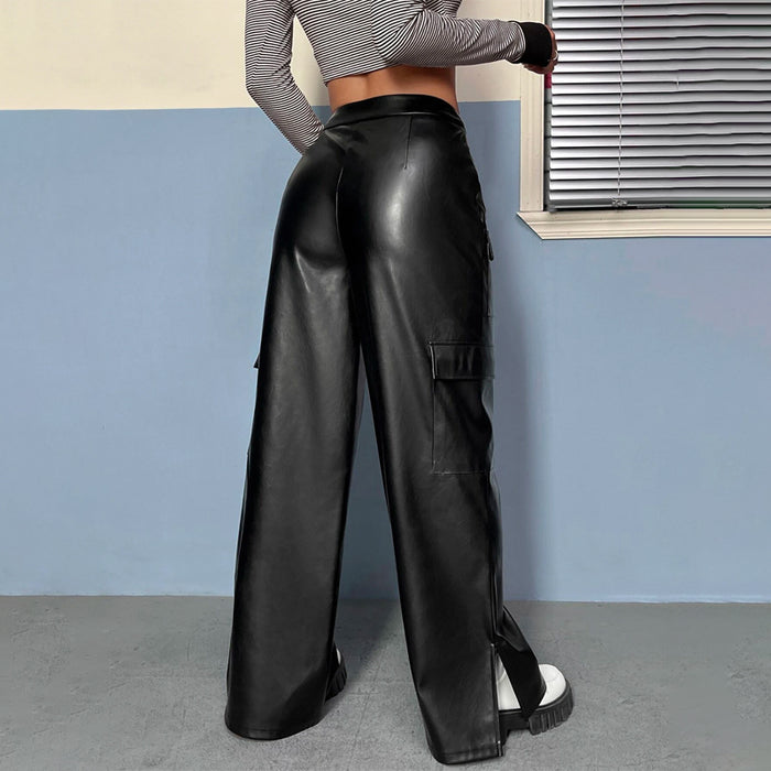 Flap Pocket Side Split Hem PU Pants