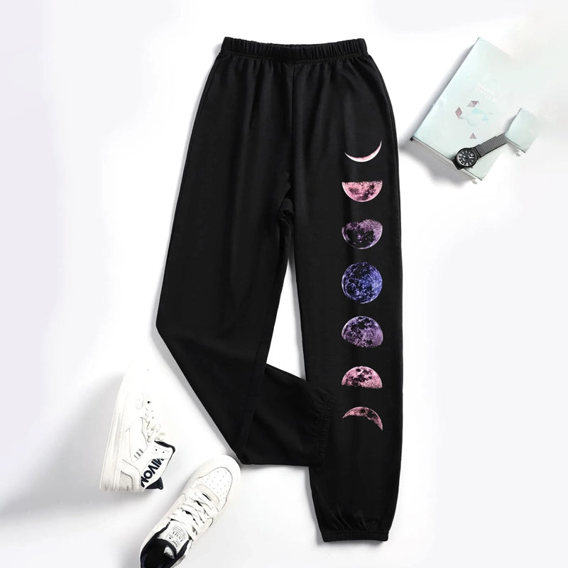 Moon Graphic Print Elastic Waist Easy Wear Sweatpants