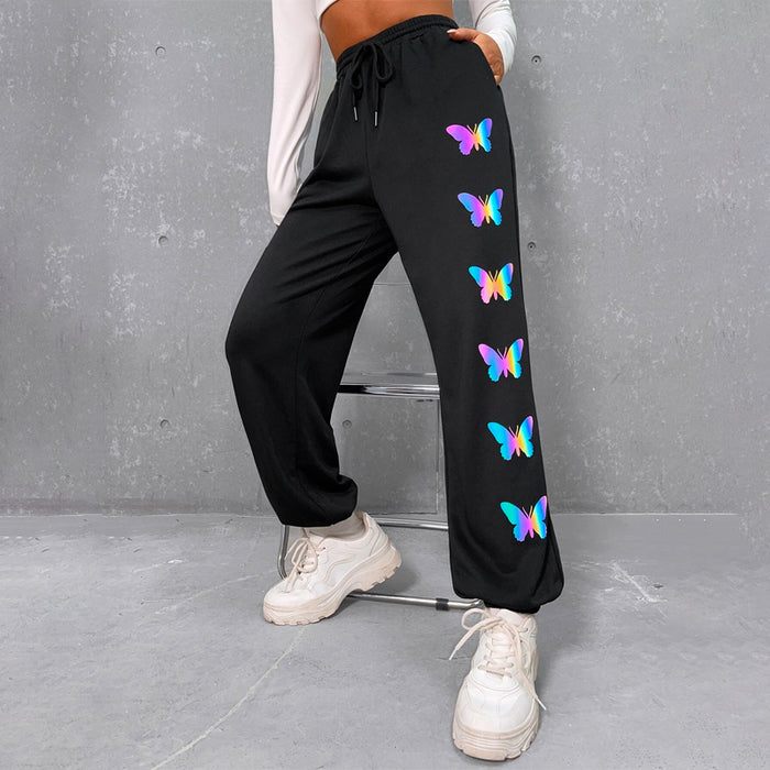 Reflective Butterfly Print Drawstring Waist Sweatpants