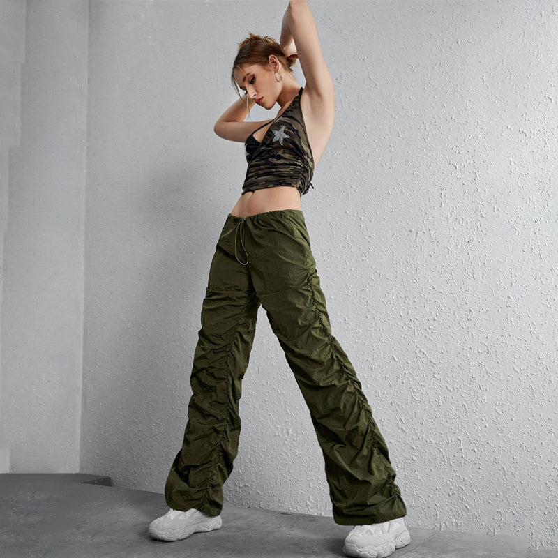 Easy Wear Solid Drawstring Waist Ruched Pants
