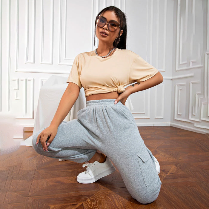 Flap Pocket Side High Waist Solid Sweatpants