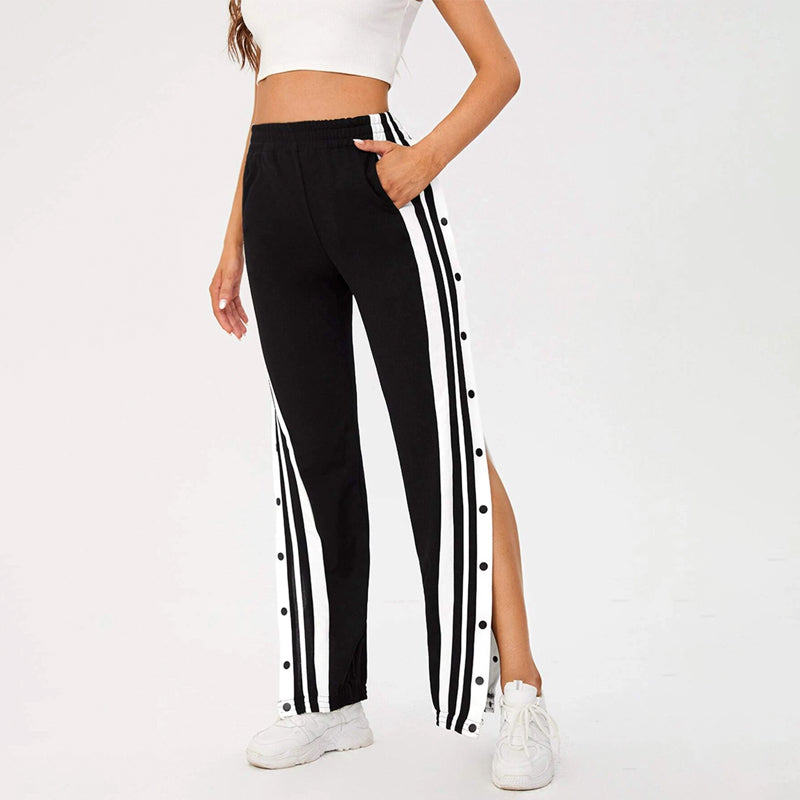 Side Stripe Button Detail Slit Hem Sweatpants