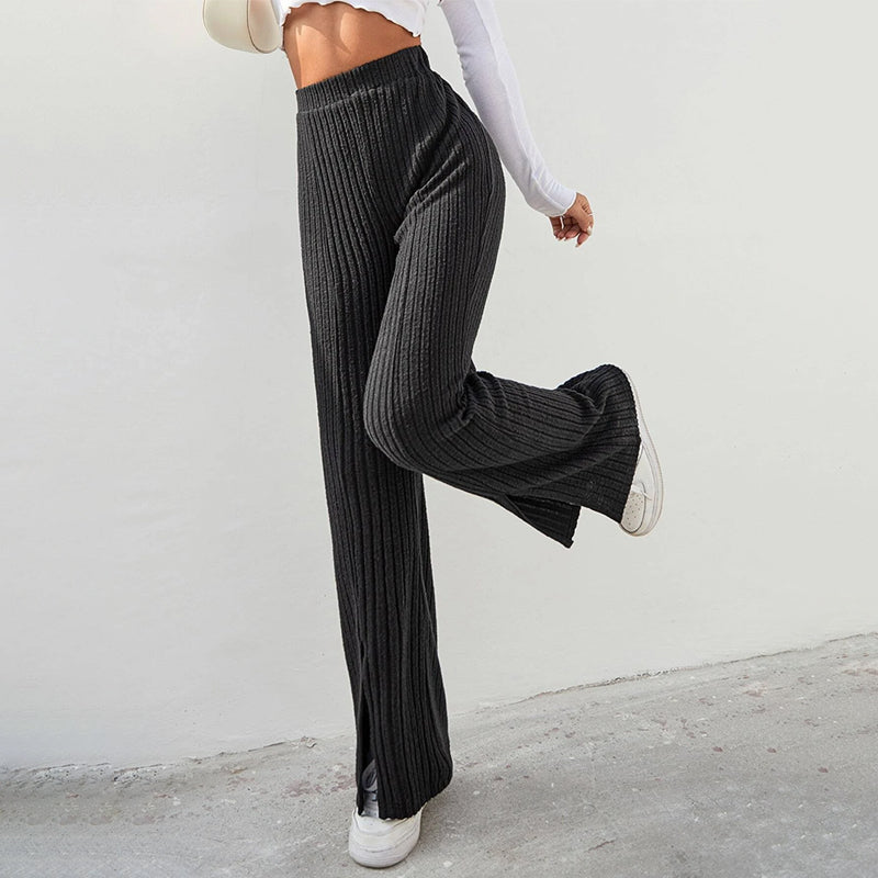 Solid Ribbed Knit Split Hem Flare Leg Pants