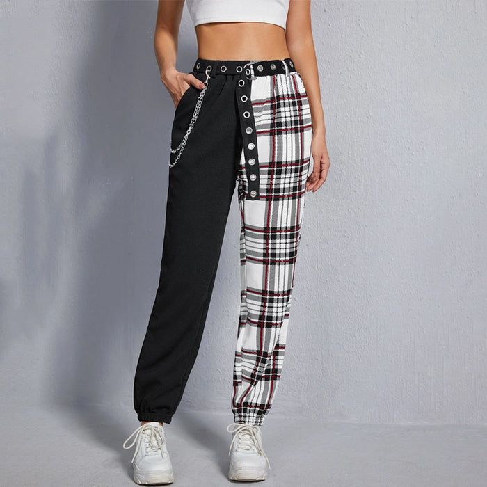 Color Block Tartan Chain Detail Belted Pants