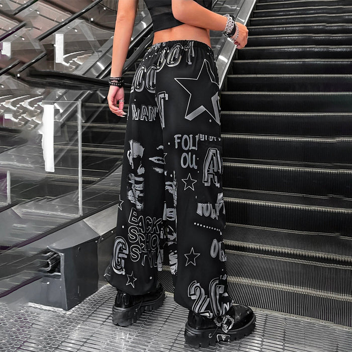 Graphic Drawstring Waist Parachute Pants