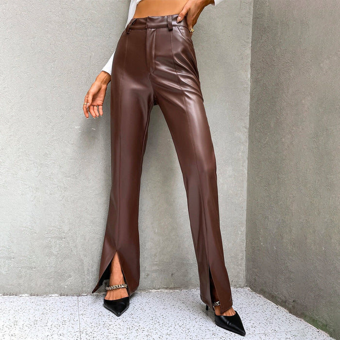 High Waist Slit Hem PU Leather Flare Leg Pants