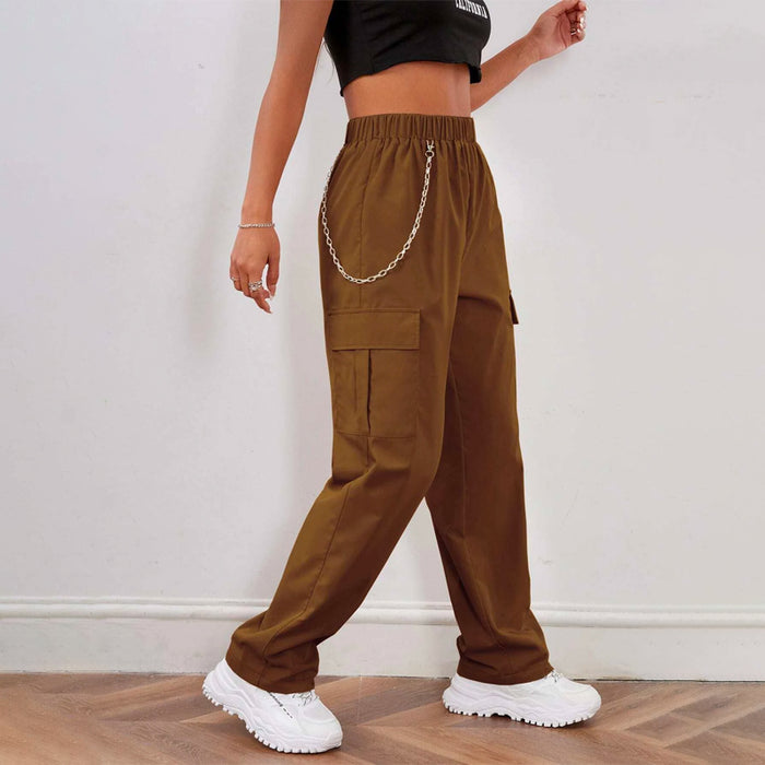 Elastic Waist Cargo Pants With Chain