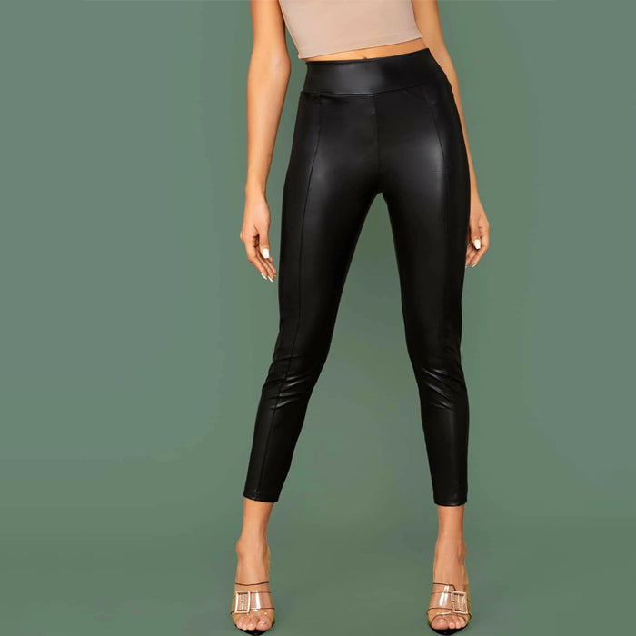 Elastic Waist Seam Front Leather Look Pants