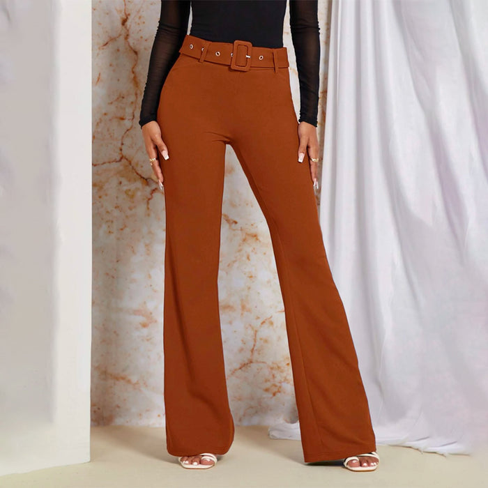 Plain Solid Flare Leg Belted Pants