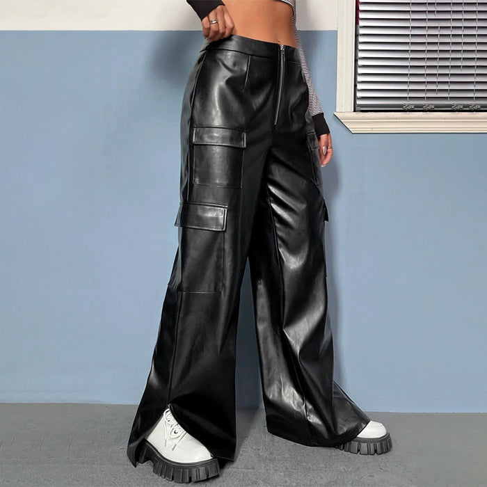 Flap Pocket Side Split Hem PU Pants