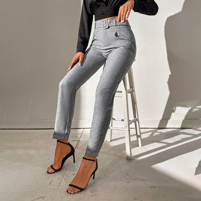 Solid Straight Leg Casual Belted Pants