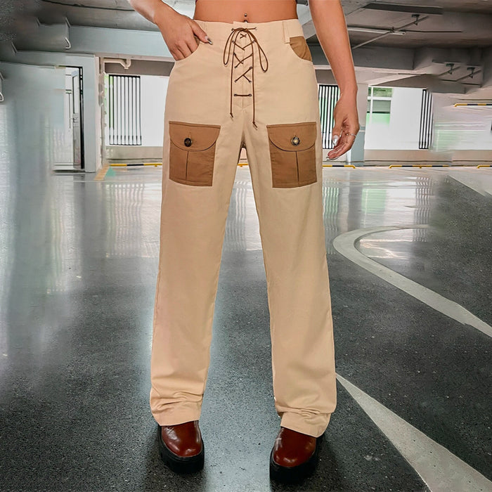 Color Block Flap Pocket Lace Up Front Pants