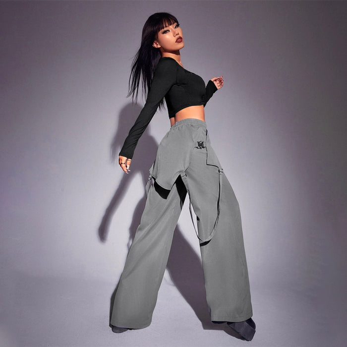 Elastic Waist Strap Detail Overlay Wide Leg Pants