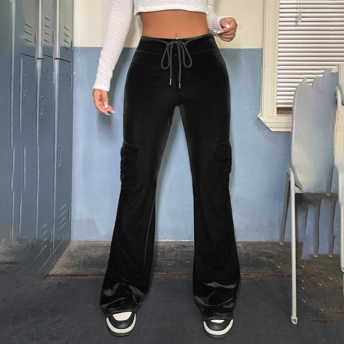 Flap Pocket Drawstring Waist Velvet Pants