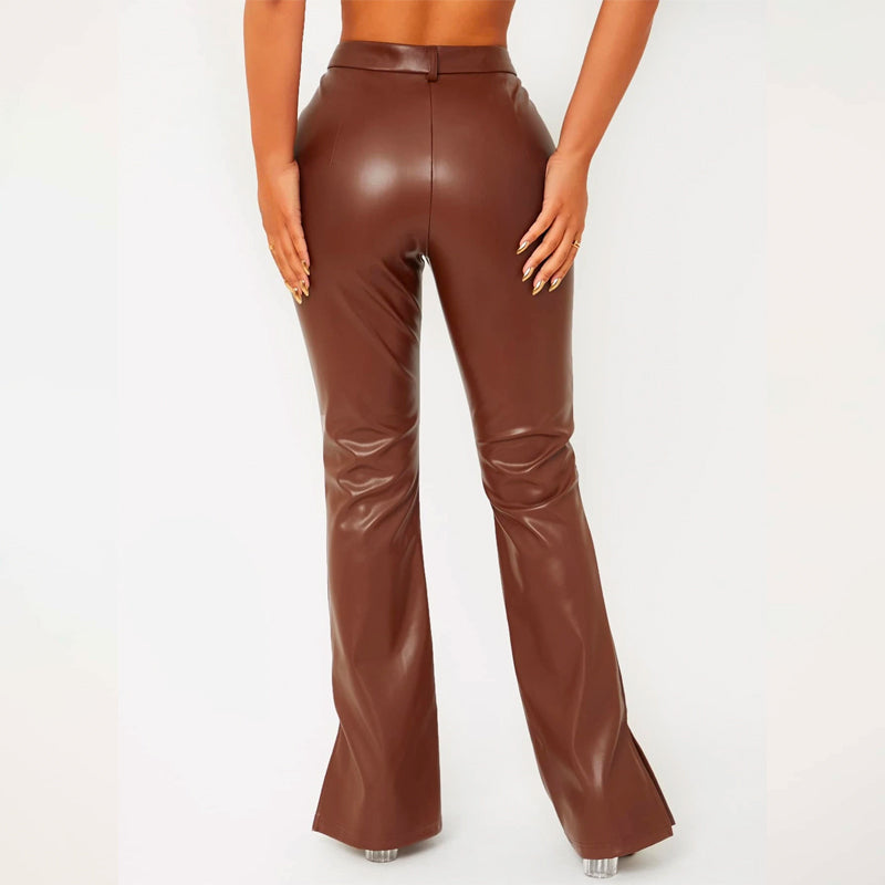 Zipper Fly Seam Front Split Hem Leather Pants