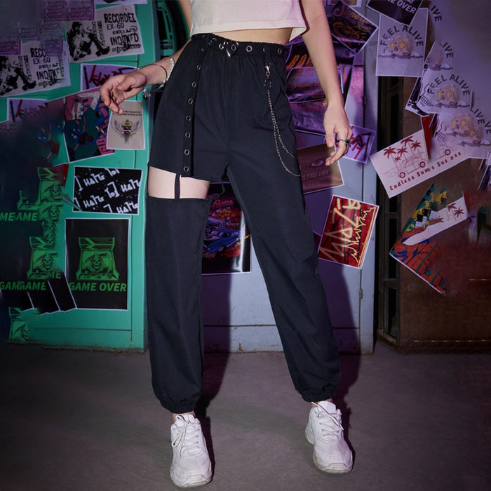 Grunge Punk Solid Belted Chain Cut-out Pants