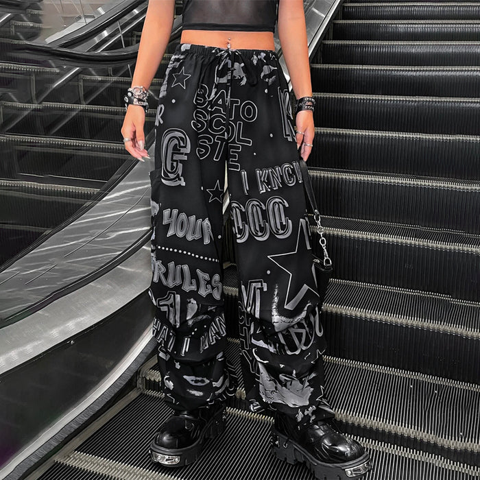 Graphic Drawstring Waist Parachute Pants