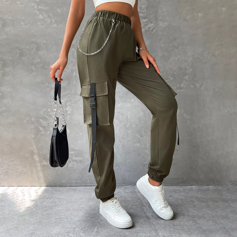 Flap Pocket Buckle Tape Cargo Pants With Chain