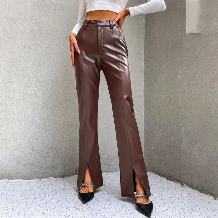 High Waist Slit Hem PU Leather Flare Leg Pants