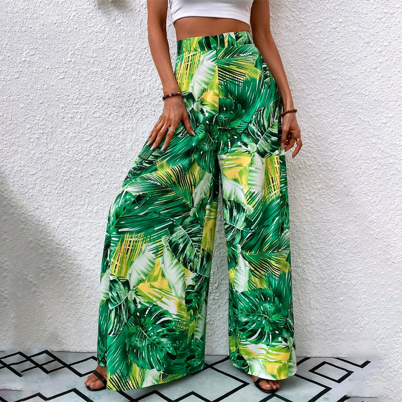 Tropical Print Wide Leg Pants