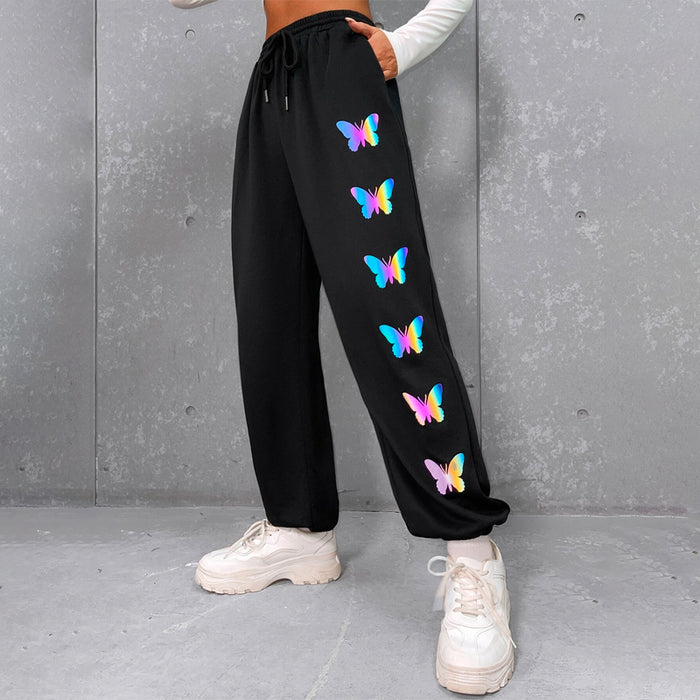 Reflective Butterfly Print Drawstring Waist Sweatpants