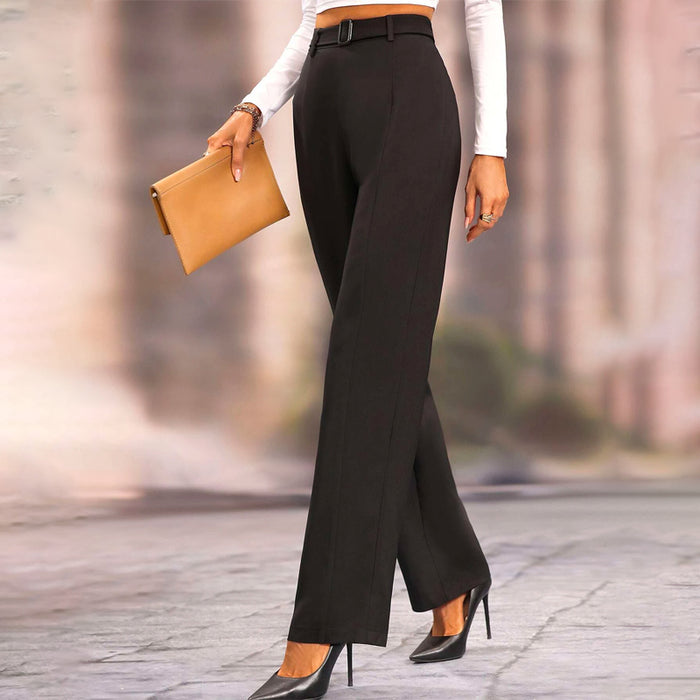 Solid Straight Leg Belted Pants