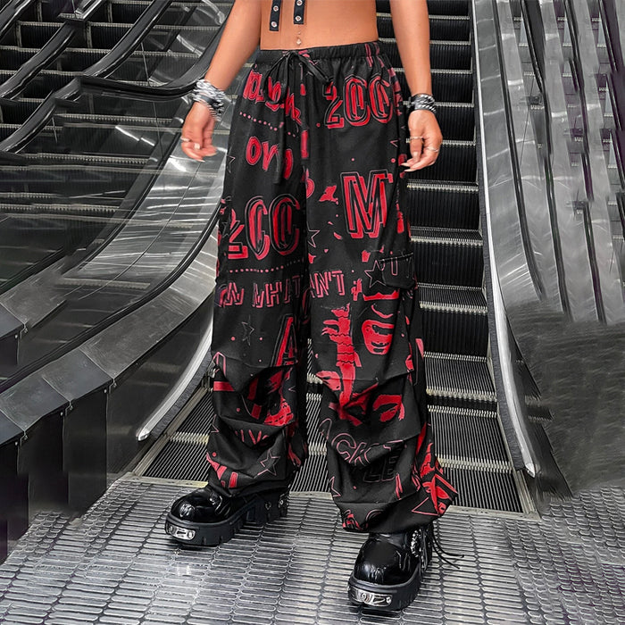 Graphic Drawstring Waist Parachute Pants