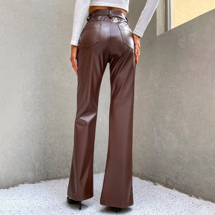 High Waist Slit Hem PU Leather Flare Leg Pants