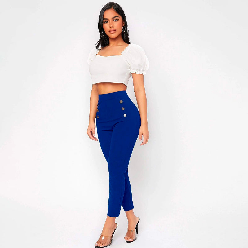 High Waist Double Button Skinny Cropped Pants