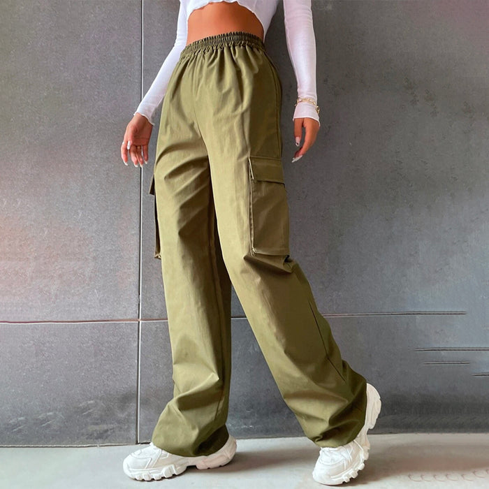 Solid High Waist Flap Pocket Cargo Pants