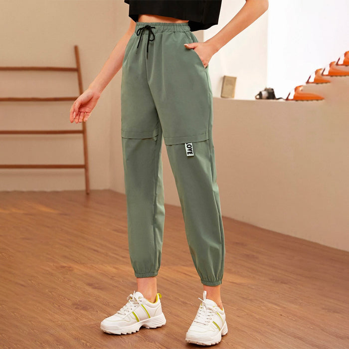 Letter Patched Drawstring Waist Tapered Pants