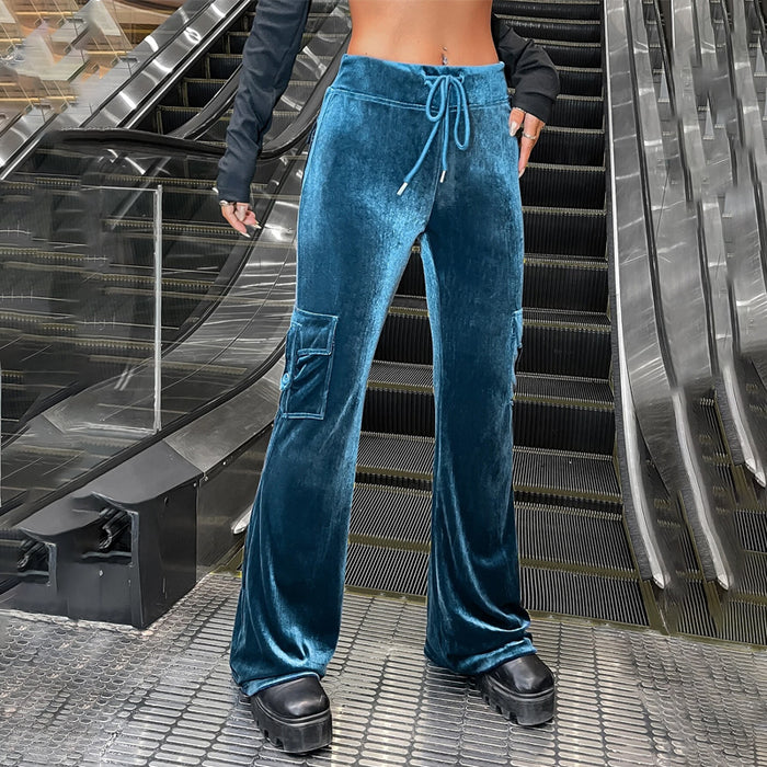 Flap Pocket Drawstring Waist Velvet Pants