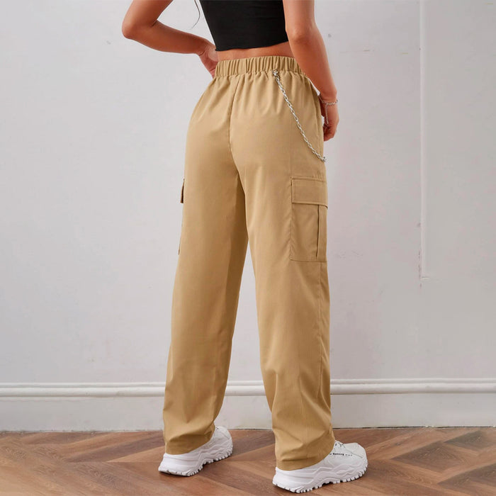 Elastic Waist Cargo Pants With Chain