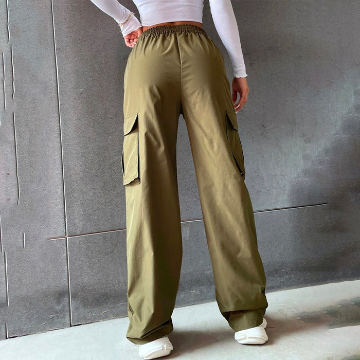 Solid High Waist Flap Pocket Cargo Pants