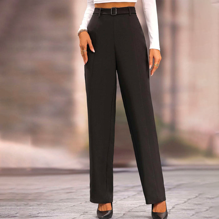 Solid Straight Leg Belted Pants