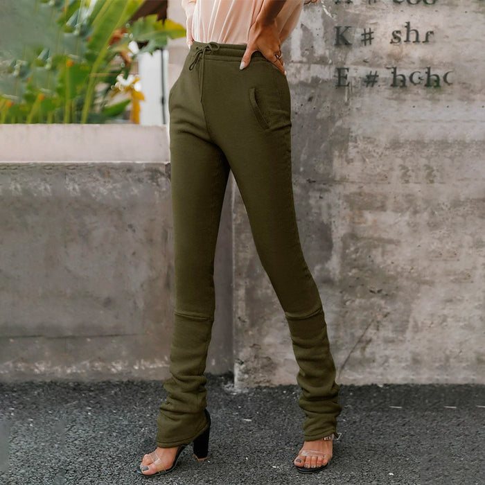 Drawstring Waist Slant Pocket Stacked Pants