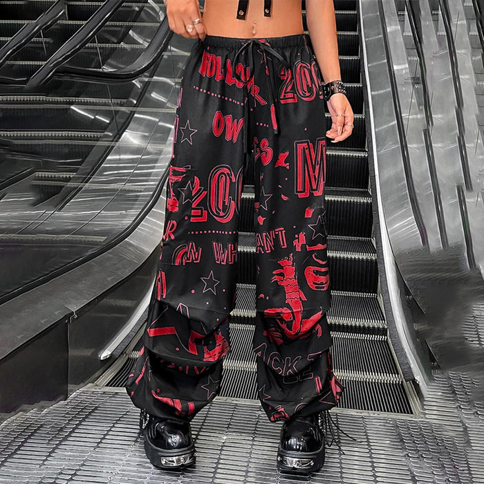 Graphic Drawstring Waist Parachute Pants